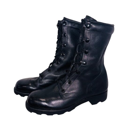 Black Biker Leather Military Combat Boots 4 USA-Made Heavy-Duty Lace-Up Lug Sole - Picture 1 of 12